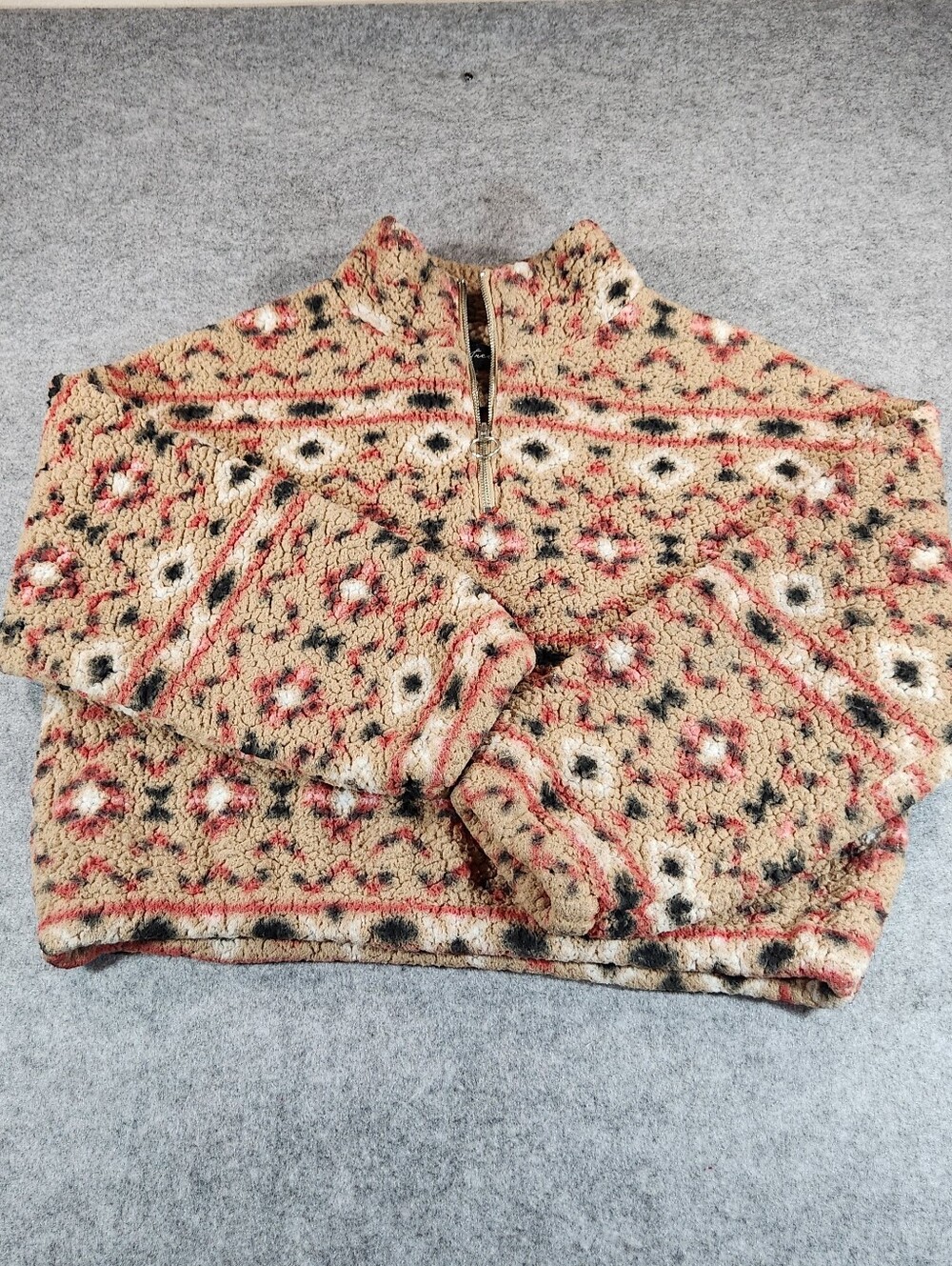 Cozy Half-Zip Sherpa Pullover Sweater - Beige Floral Medium